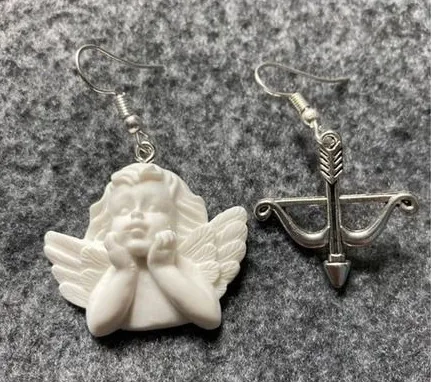 Asymmetric Cherub Angel Bow and Arrow Drop Earrings White Silver Kitsch Cupid White