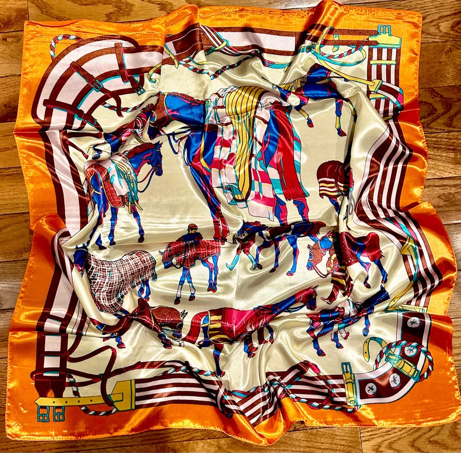 Vintage classic EQUESTRIAN horses PRINT ORANGE/ off white SQUAR SILK SCARF 35/35