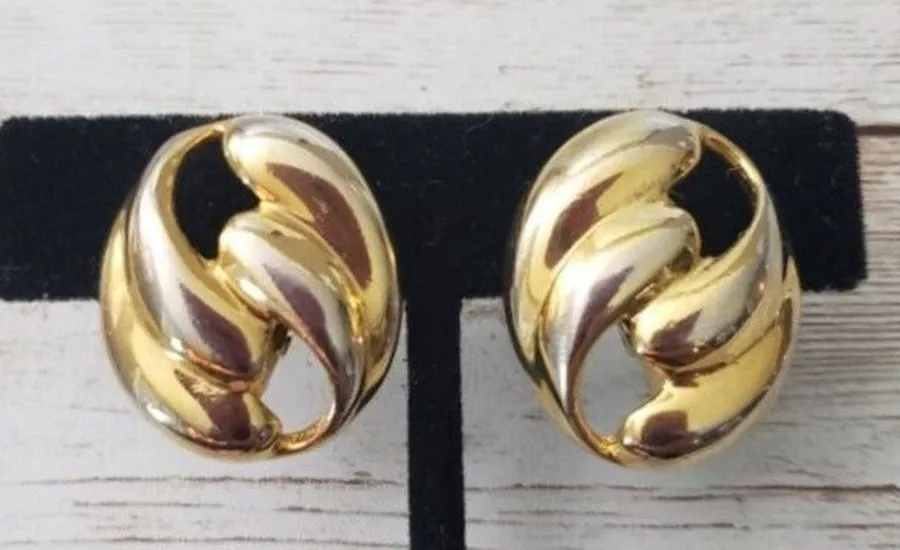 Vintage Clip On Earrings Statement Fancy Oval Gold Tone with Silvering