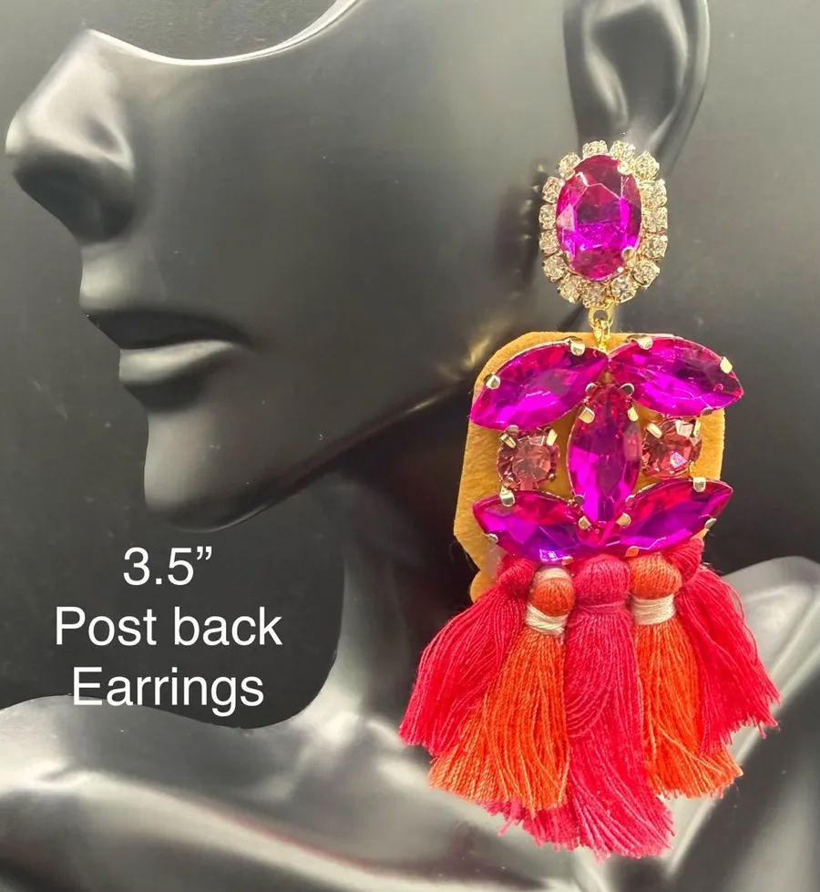 Vibrant Fuchsia Crystal Tassel Drop Earrings
