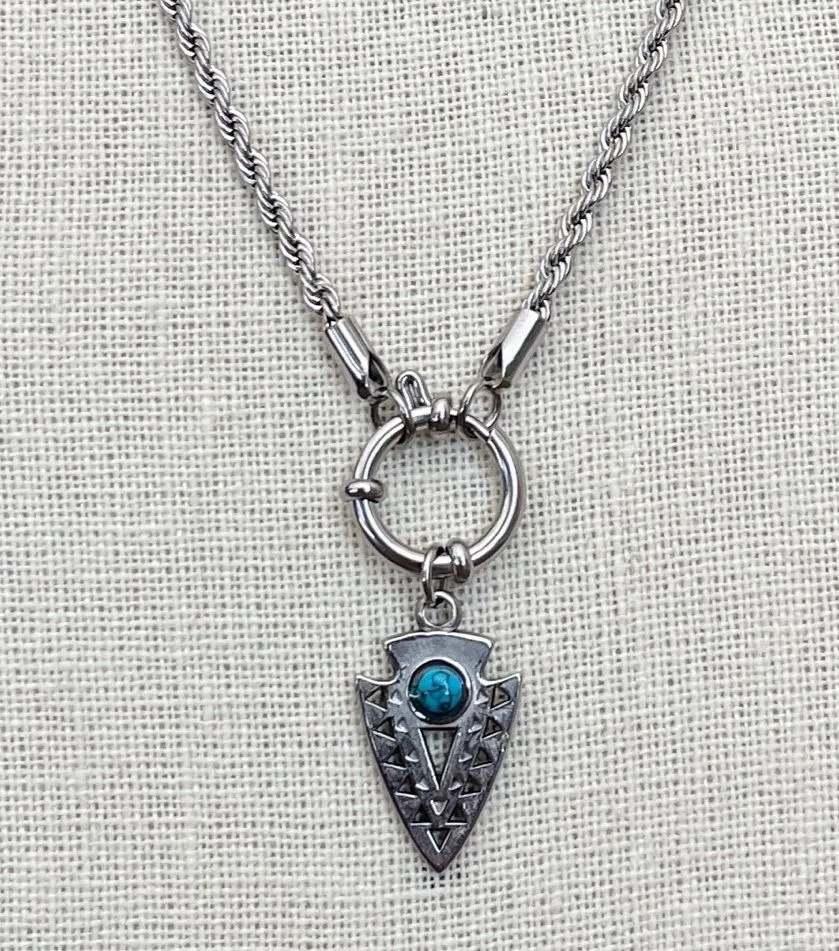Arrowhead Charm Necklace with Faux Turquoise Silver