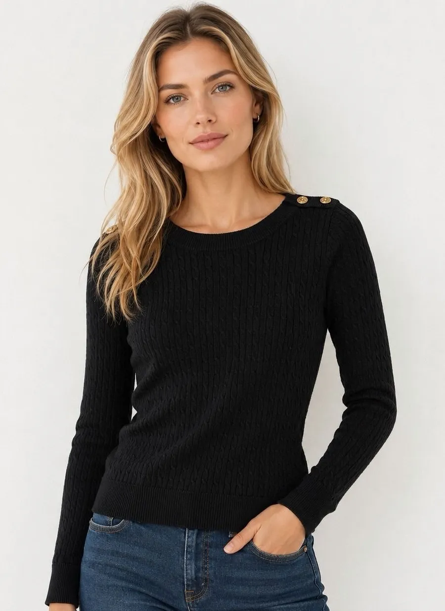 Lauren Ralph Lauren Sweater Womens P/S Black Cable Knit Gold Button 100% Cotton