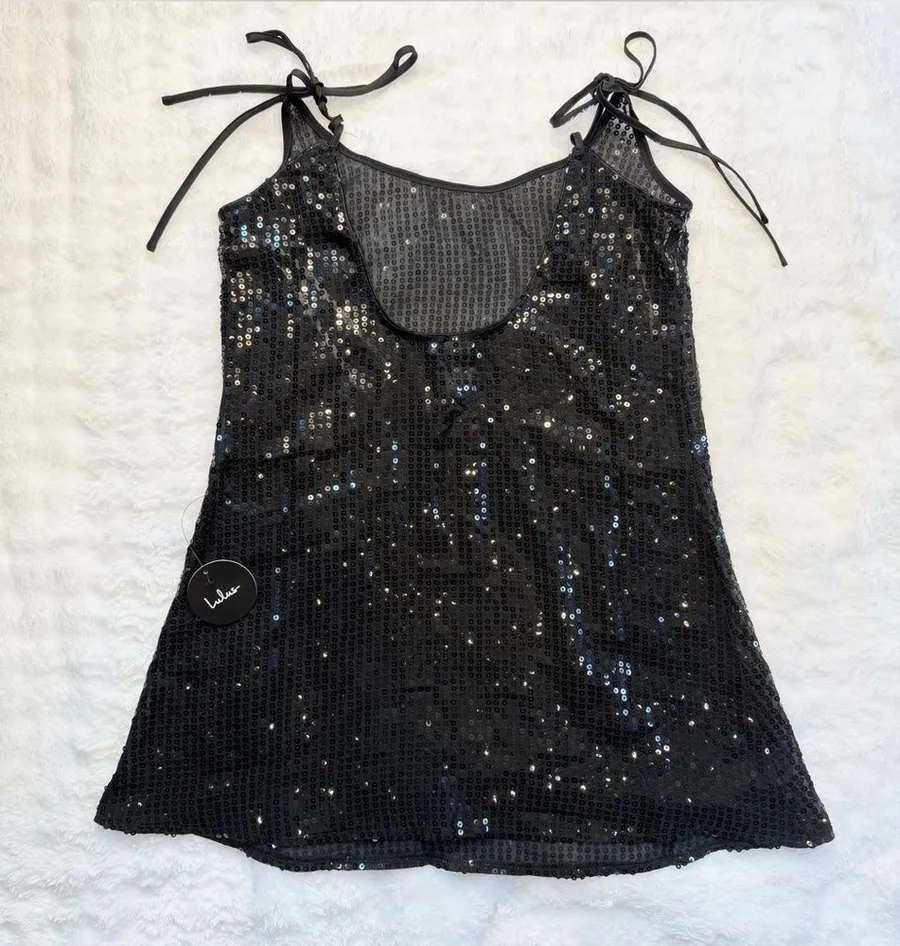NWT LULUS Women Beachside Stunner Black Sequin Swim Cover-Up Size Medium