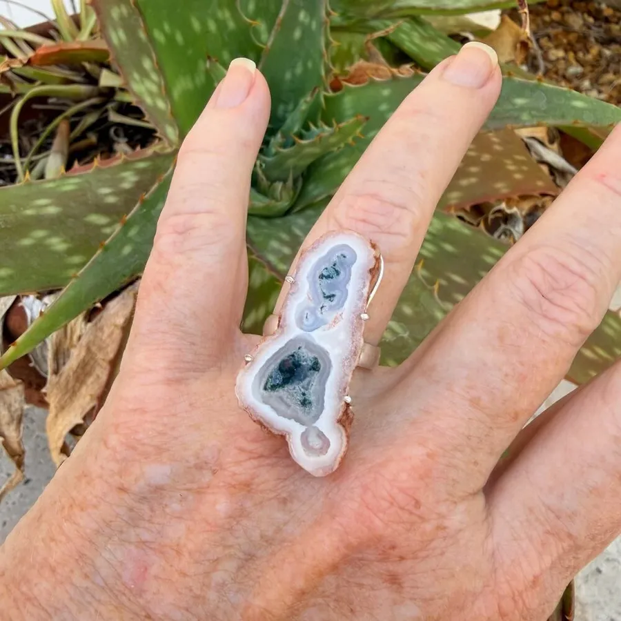 Solar Quartz Slice Druzy Ring 925 Silver Overlay Size 9, Tree Agate Ring