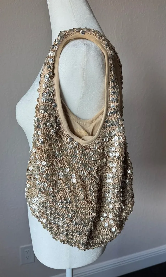 Y2K Champagne Sequin Slouchy Hobo Shoulder Bag Party Purse Gold