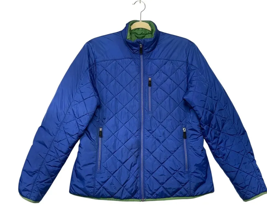 Lands End Blue Quilted Primaloft Puffer Jacket Womens Size S 6-8 Green Lining