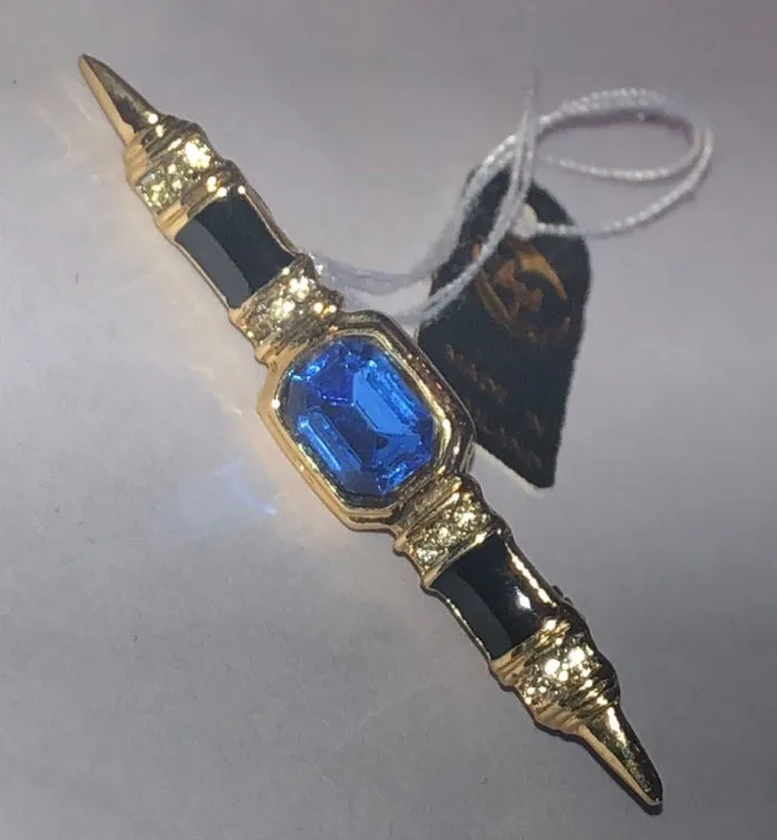 Angel Brand Elegant Gold Tone and Blue CZ Rhinestone Retro Boho Brooch