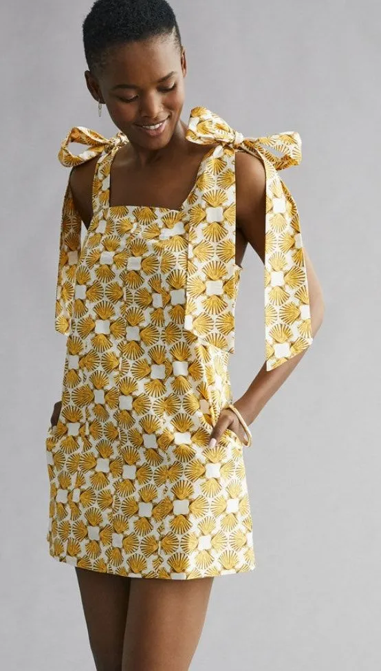 Anthropologie Maeve Yellow White Shell Print Tie-Strap Mini Dress Size L