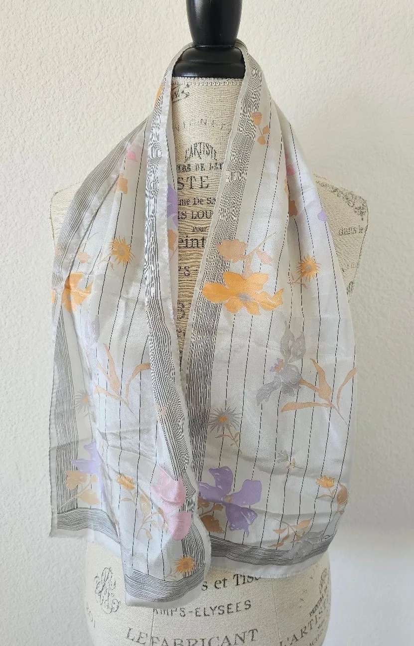 Vintage Oscar de la Renta 100% Silk Floral Striped Oblong Scarf