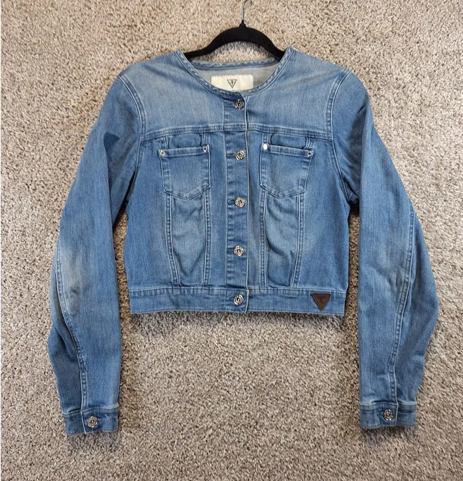 Guess Denim Jacket Womens Medium Blue Cropped Collarless Medium Wash Y2K Boho