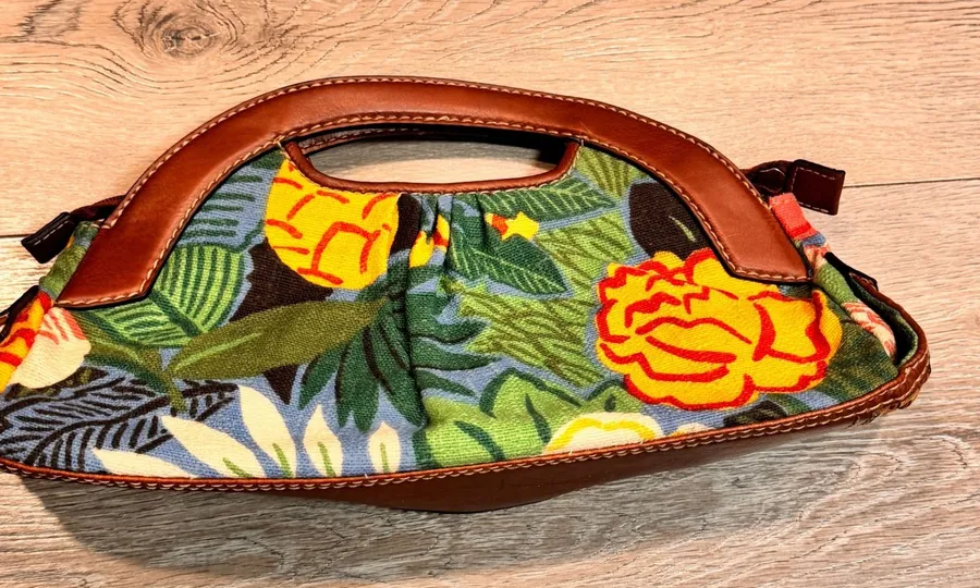 Fossil Modern Tropical Floral Clutch Handbag Brown Leather Trim
