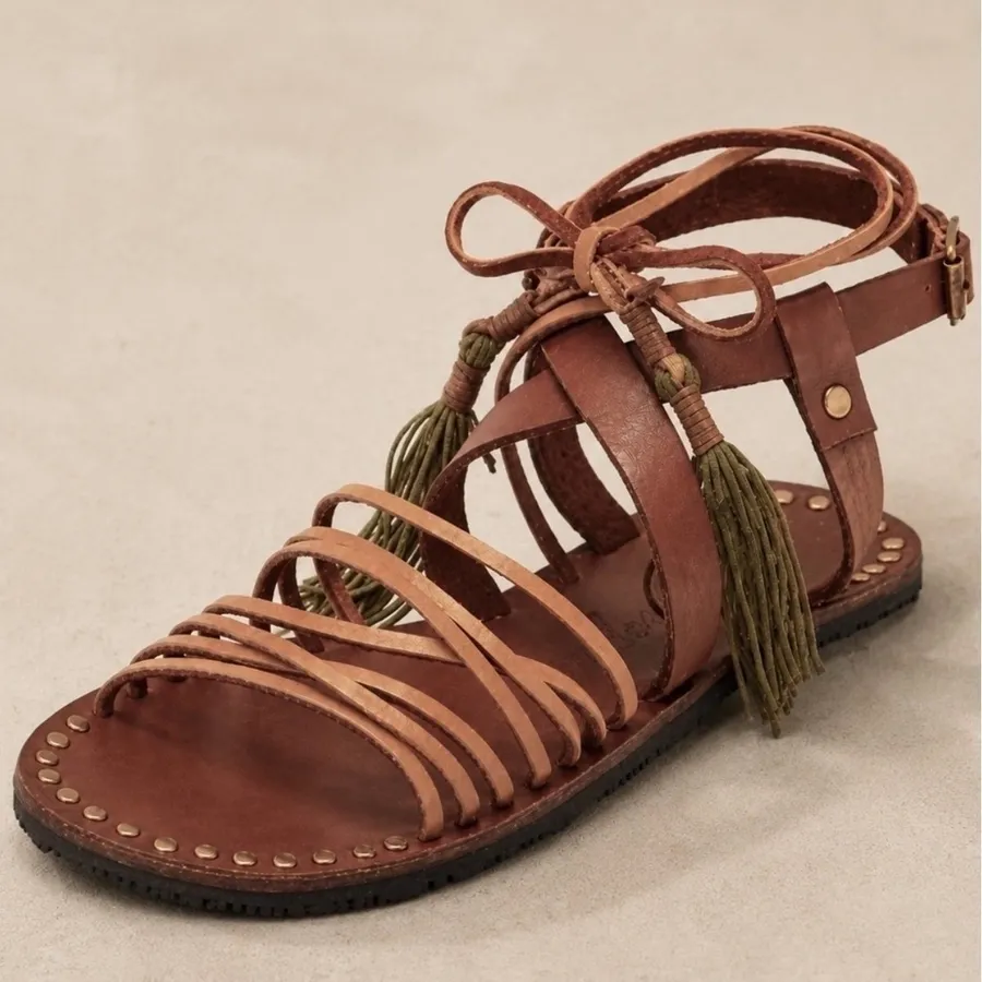 933|Free People Studded Boho Hippie Leather Gladiator Sandals Brown Women 37 6.5