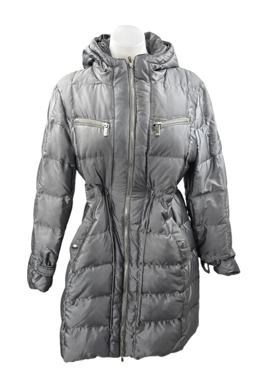 Michael Kors Gray Down Hoodie Hooded Long Sleeve Quilted Puffer Coat Size L