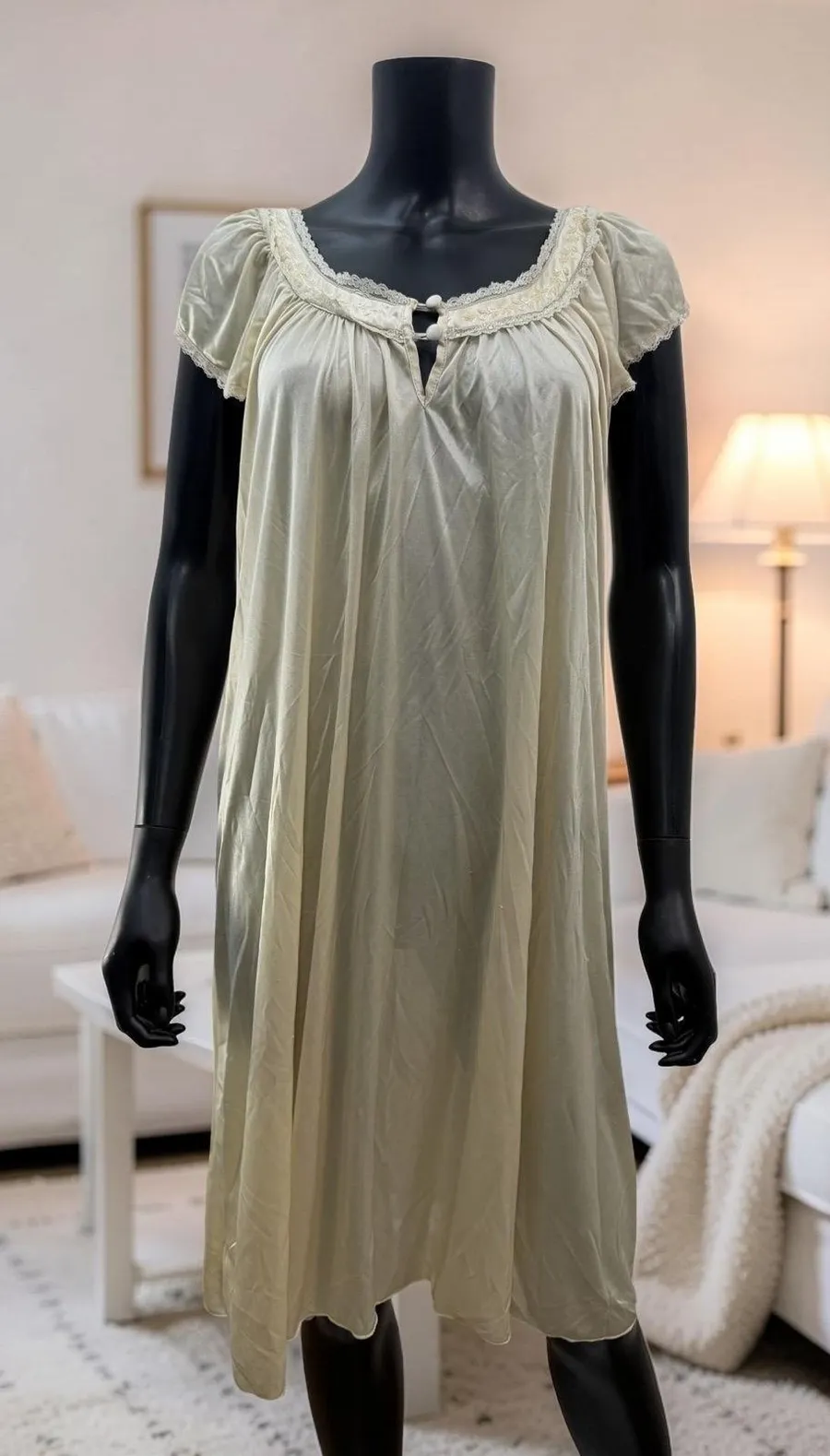 Lati Fashion Satin Nightgown Flowy Lace Trim Lounge Sleep Dress Women Tan Size L