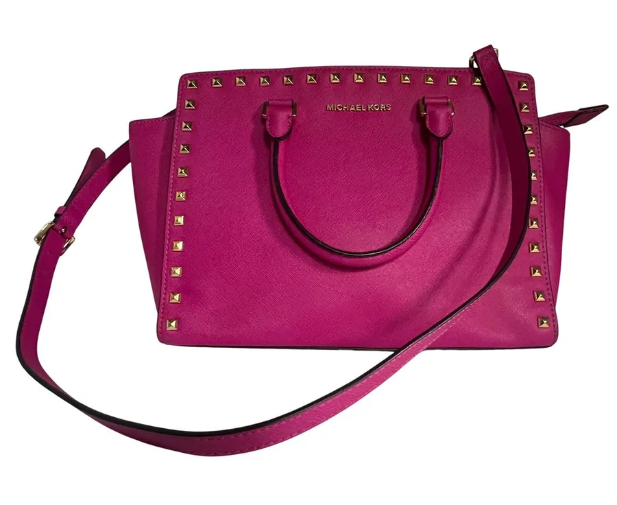 Michael Kors Selma Satchel Women Medium Magenta Pink Studded Saffiano Leather