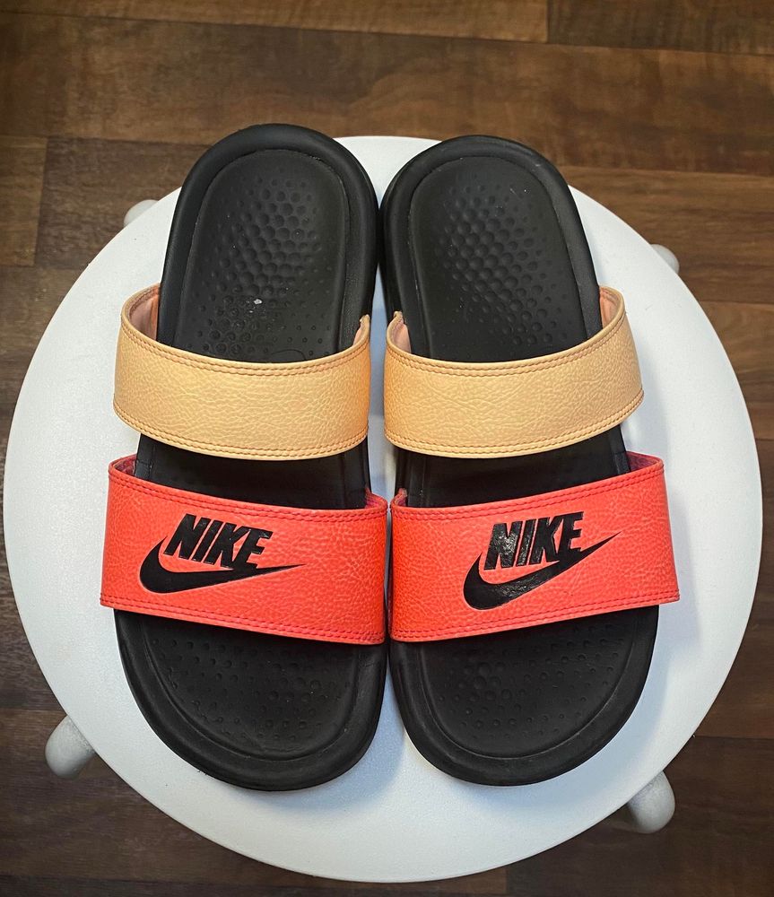 red double strap nike slides