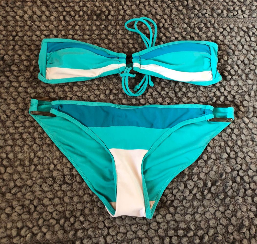 blue and white striped bandeau bikini