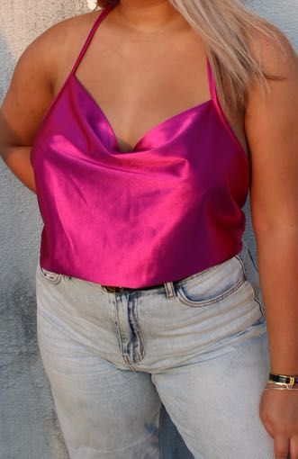 pink satin cowl neck top