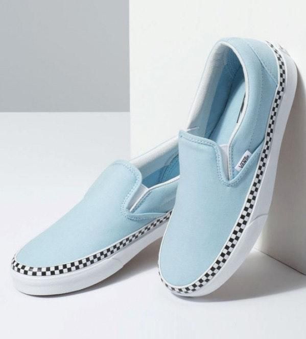 light blue slip on vans with checkered foxing