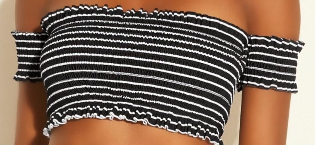 smocked off the shoulder swim top