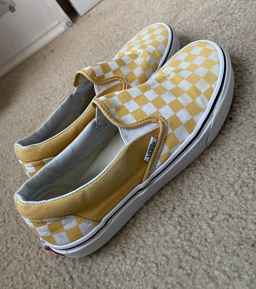 yellow checkerboard slip on vans