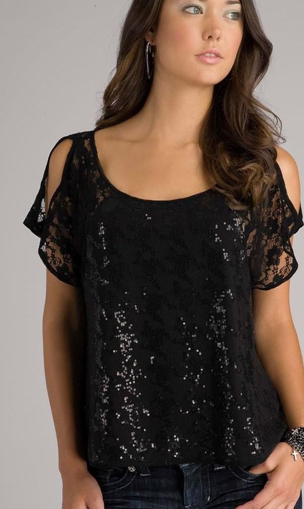 black sequin cold shoulder top