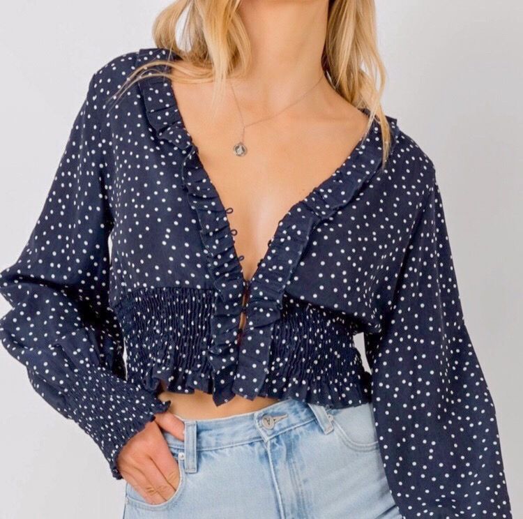 navy and white polka dot top