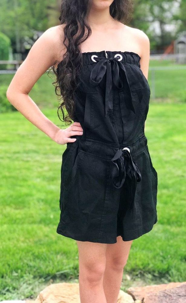 Bebe Black Linen Bow Tie Strapless Romper Curtsy