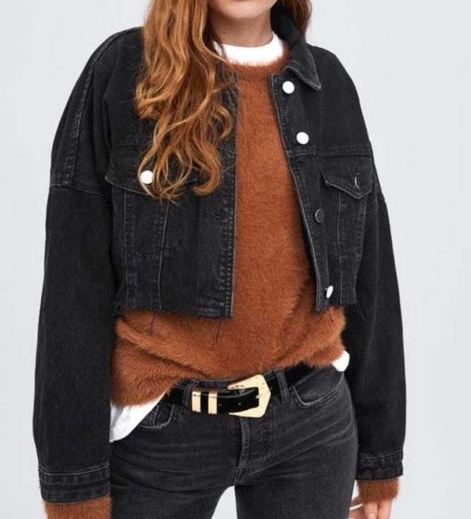 cropped black denim jacket zara