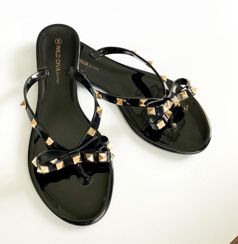 black studded bow flip flops