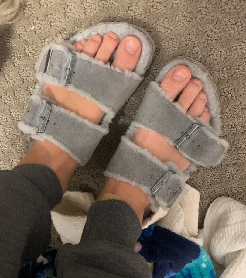 grey furry birkenstocks