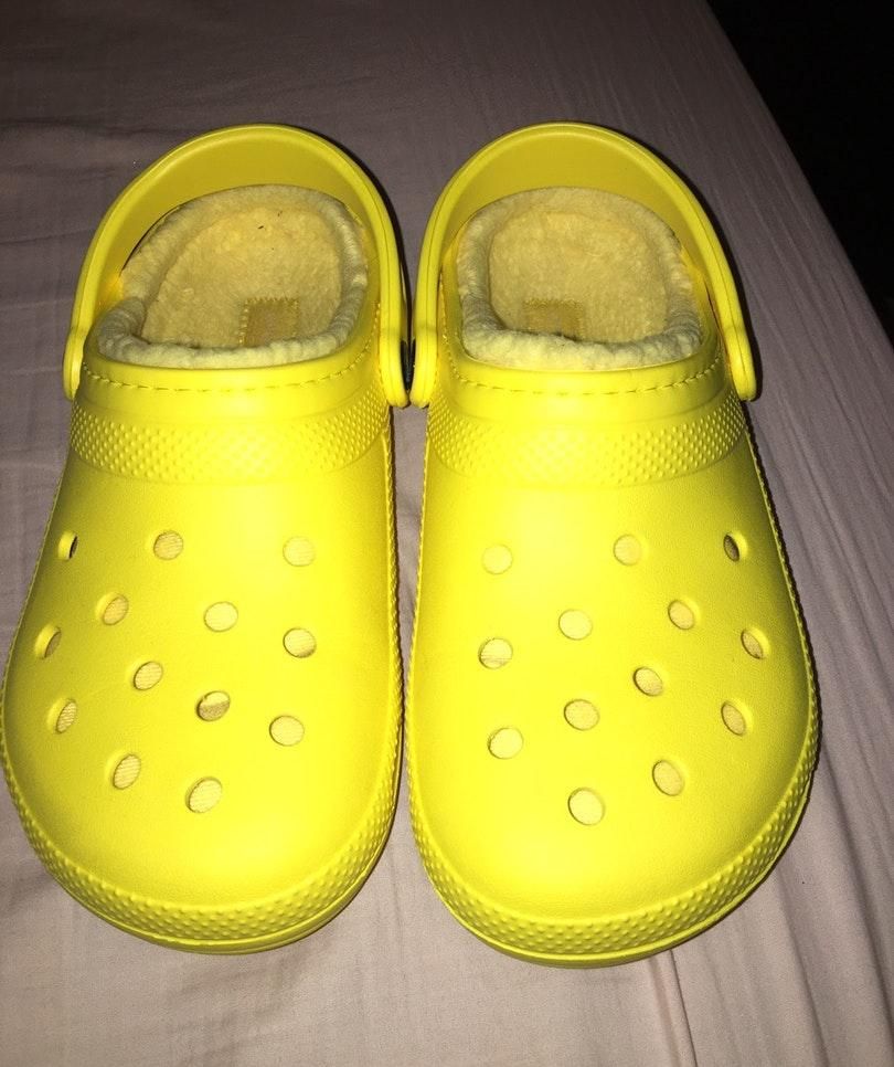 fuzzy crocs yellow