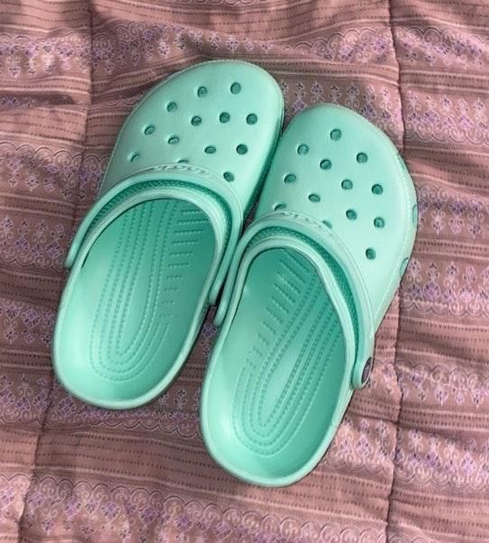 mint green croc slides