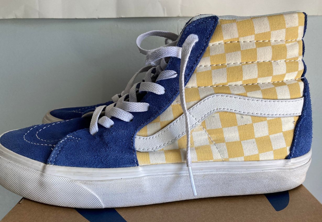 blue and yellow checkered vans