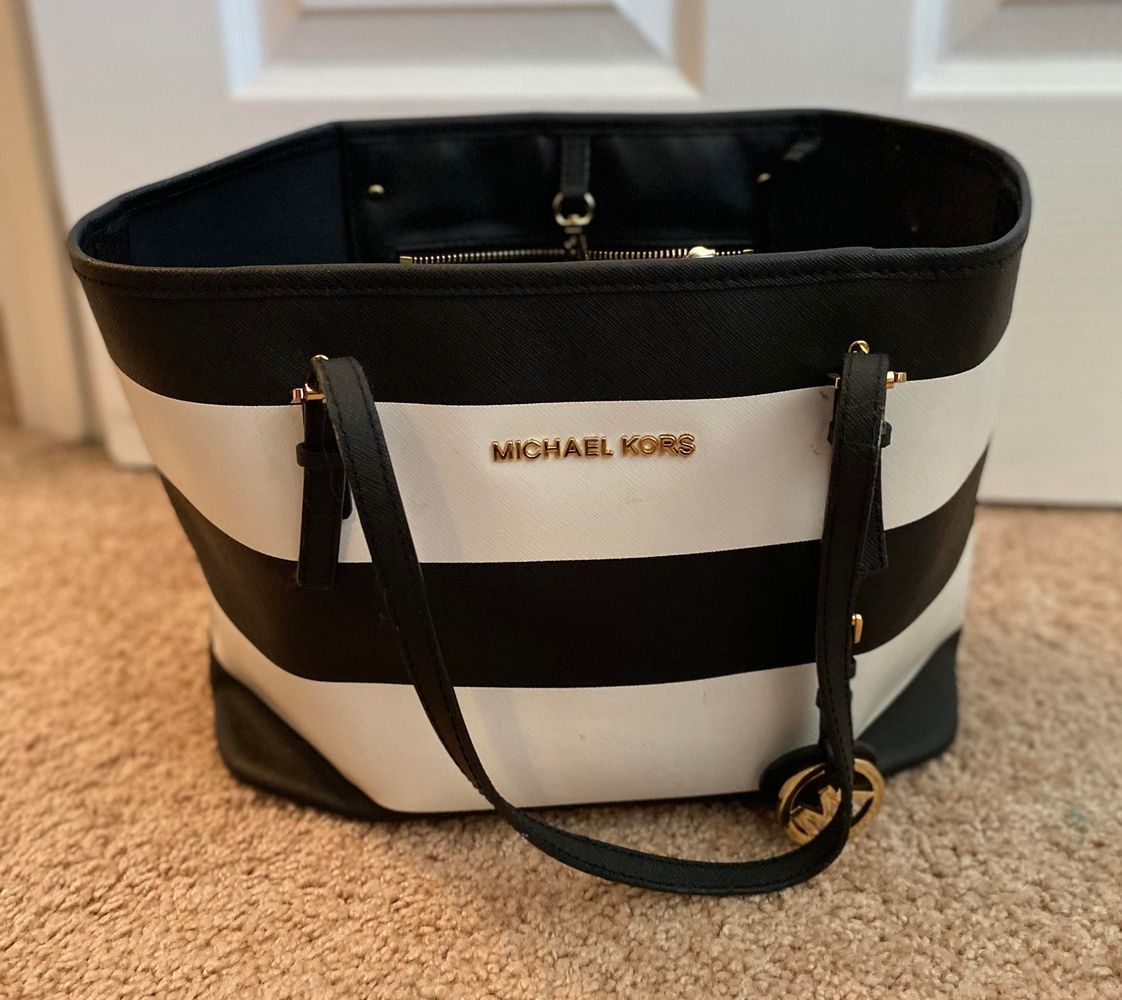 black and white striped michael kors purse