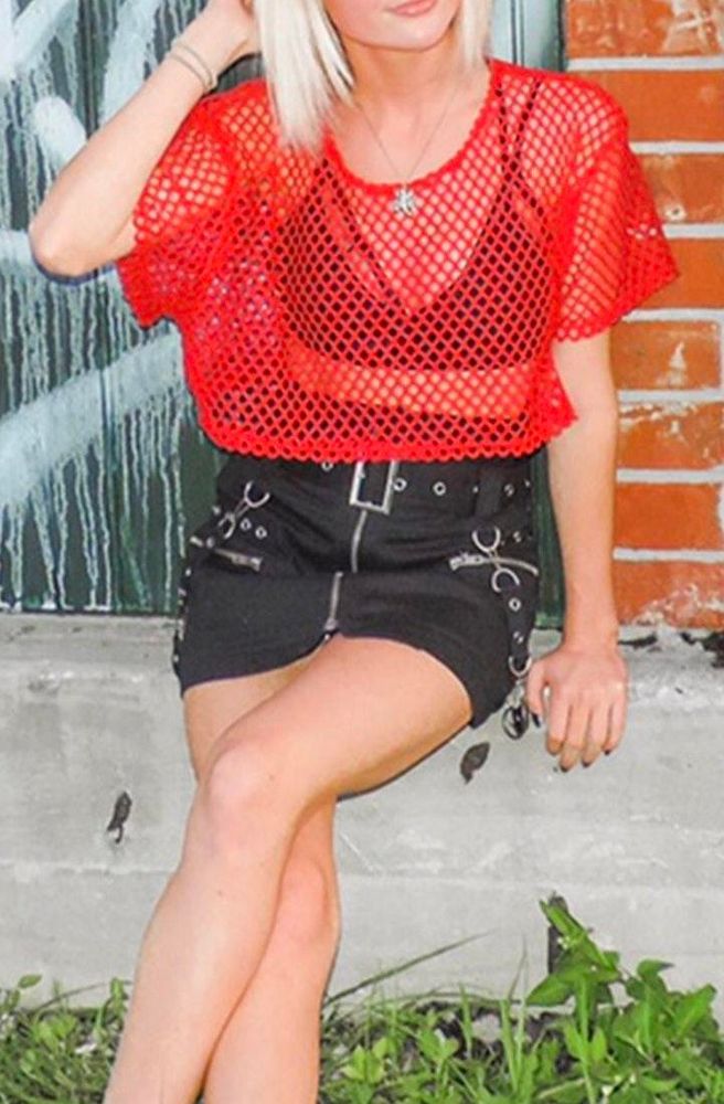red fishnet top