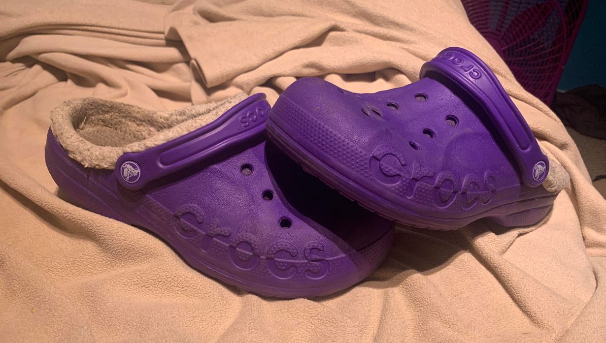 purple crocs with fur