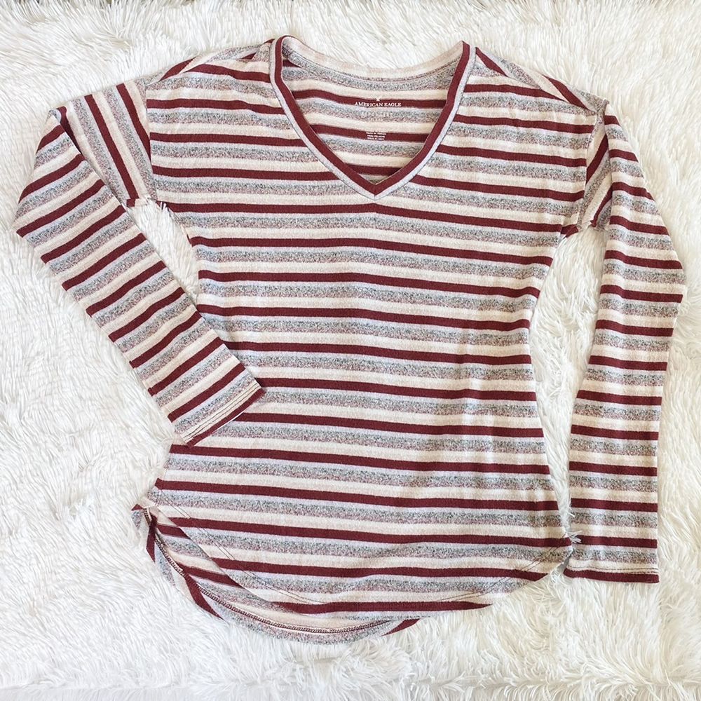 Ae Maroon Gray Striped V Neck Sweater Curtsy