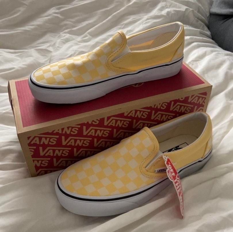 pastel yellow checkered vans