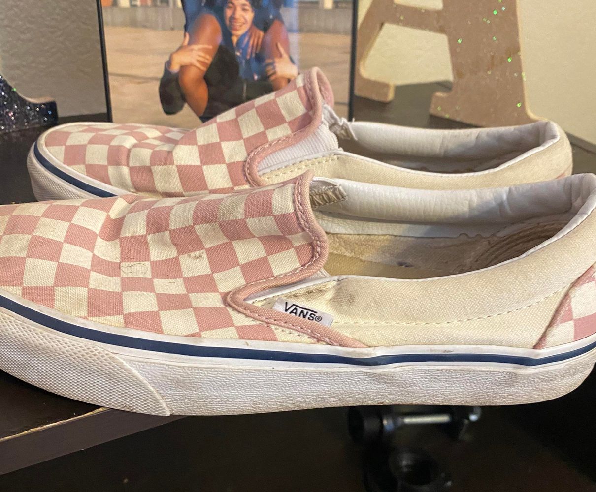 pink checkered slip on vans