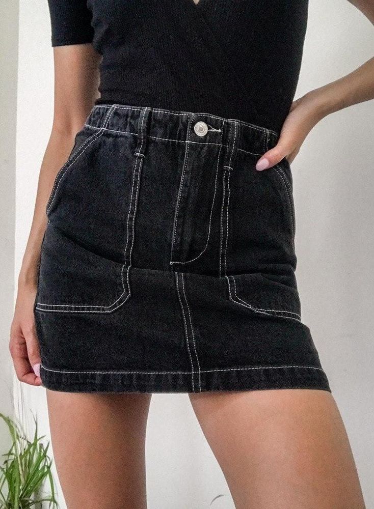 White denim skirt with black stitching Clearance