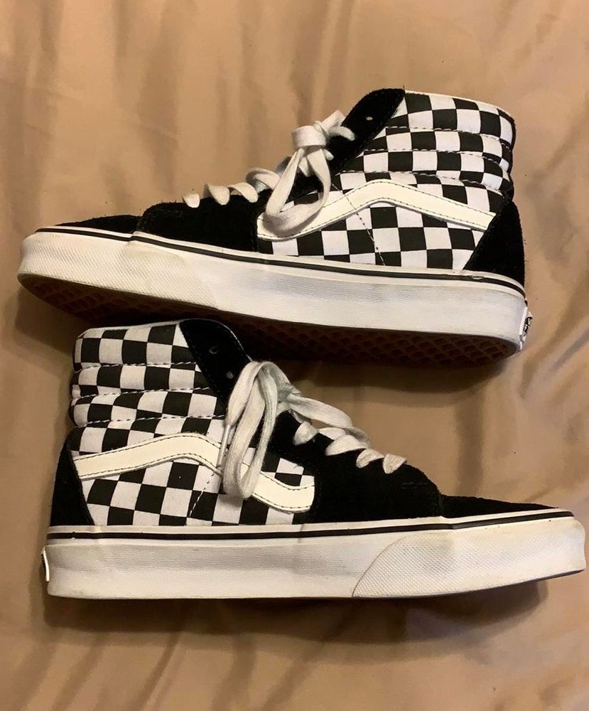 black and white high top checkered vans