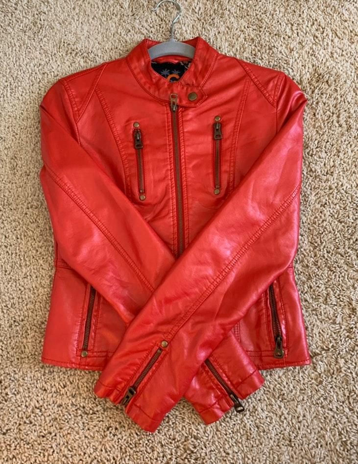 guess red leather jacket