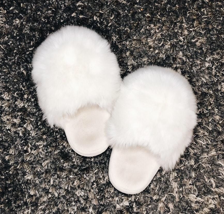 white fluffy house slippers