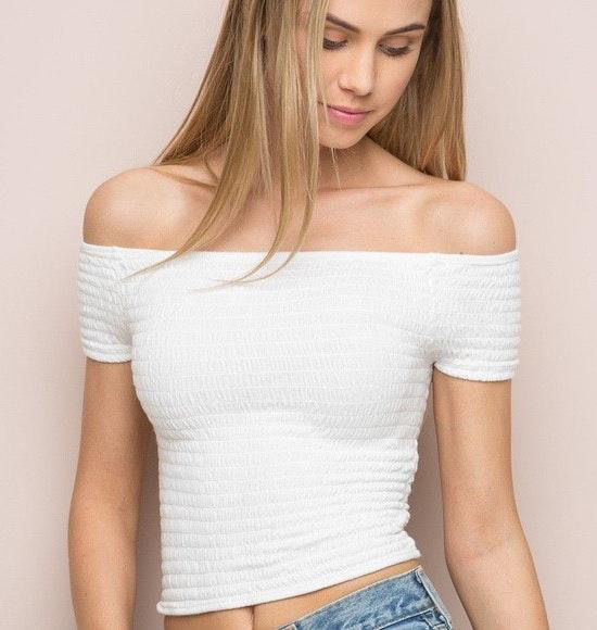 white smocked off the shoulder top