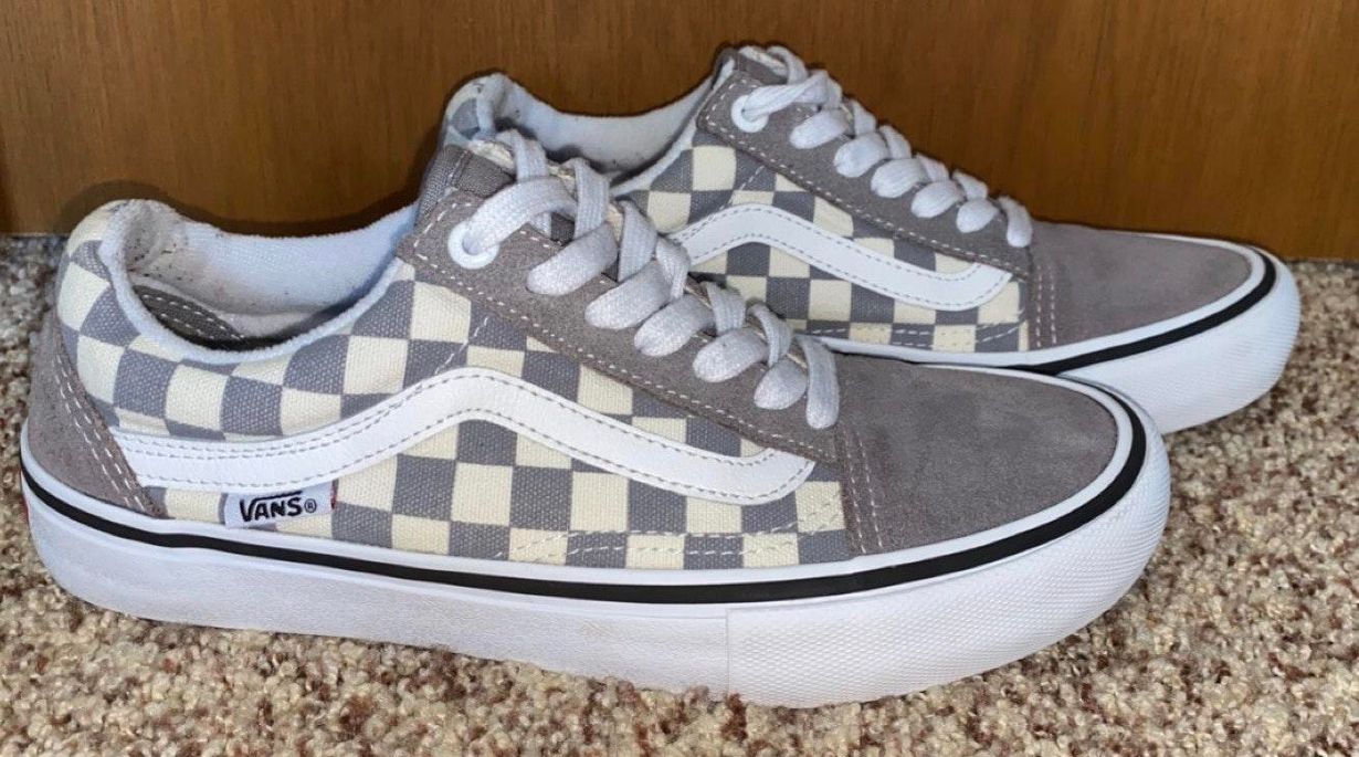 vans old skool pro grey checker & white skate shoes