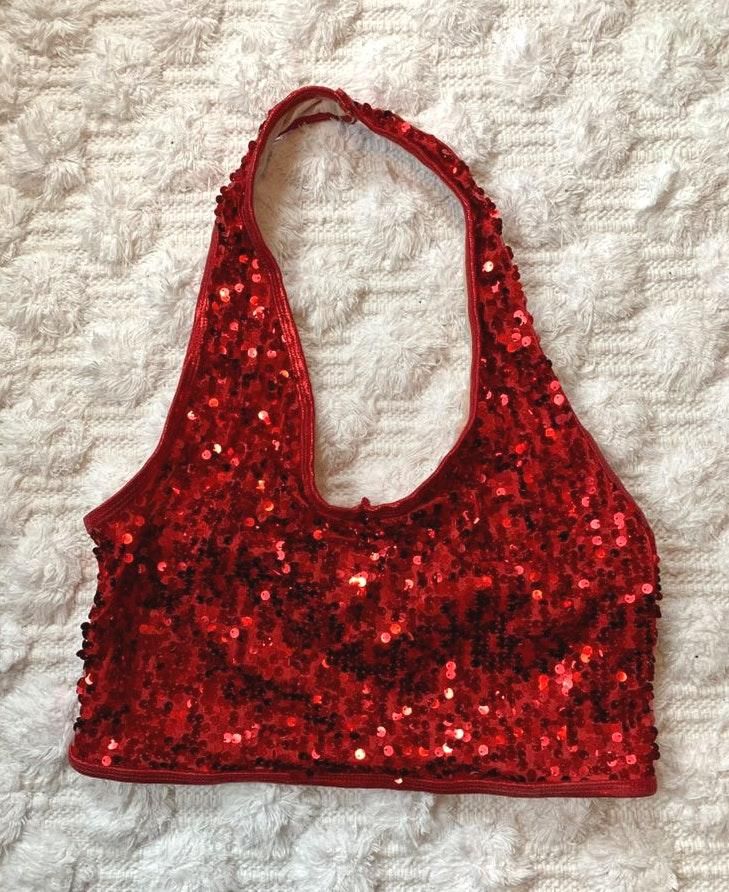 red sequin halter top