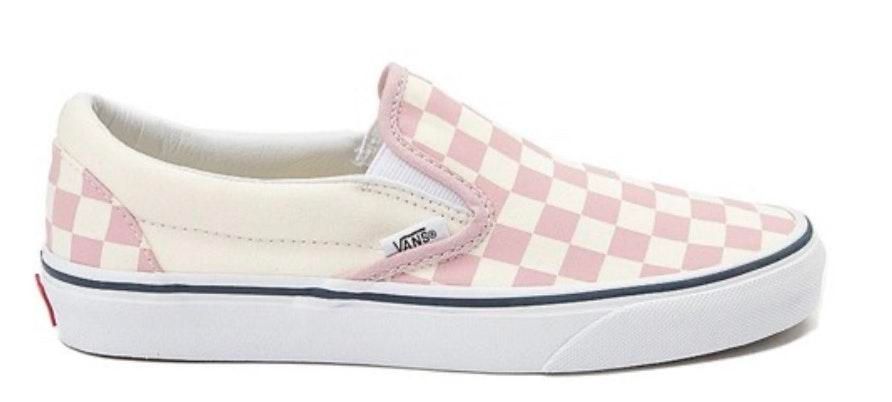 pink checkered slip ons