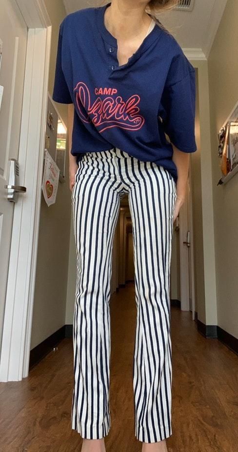 blue and white flare pants
