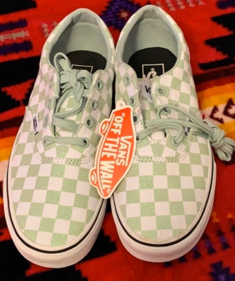 mint green checkered vans